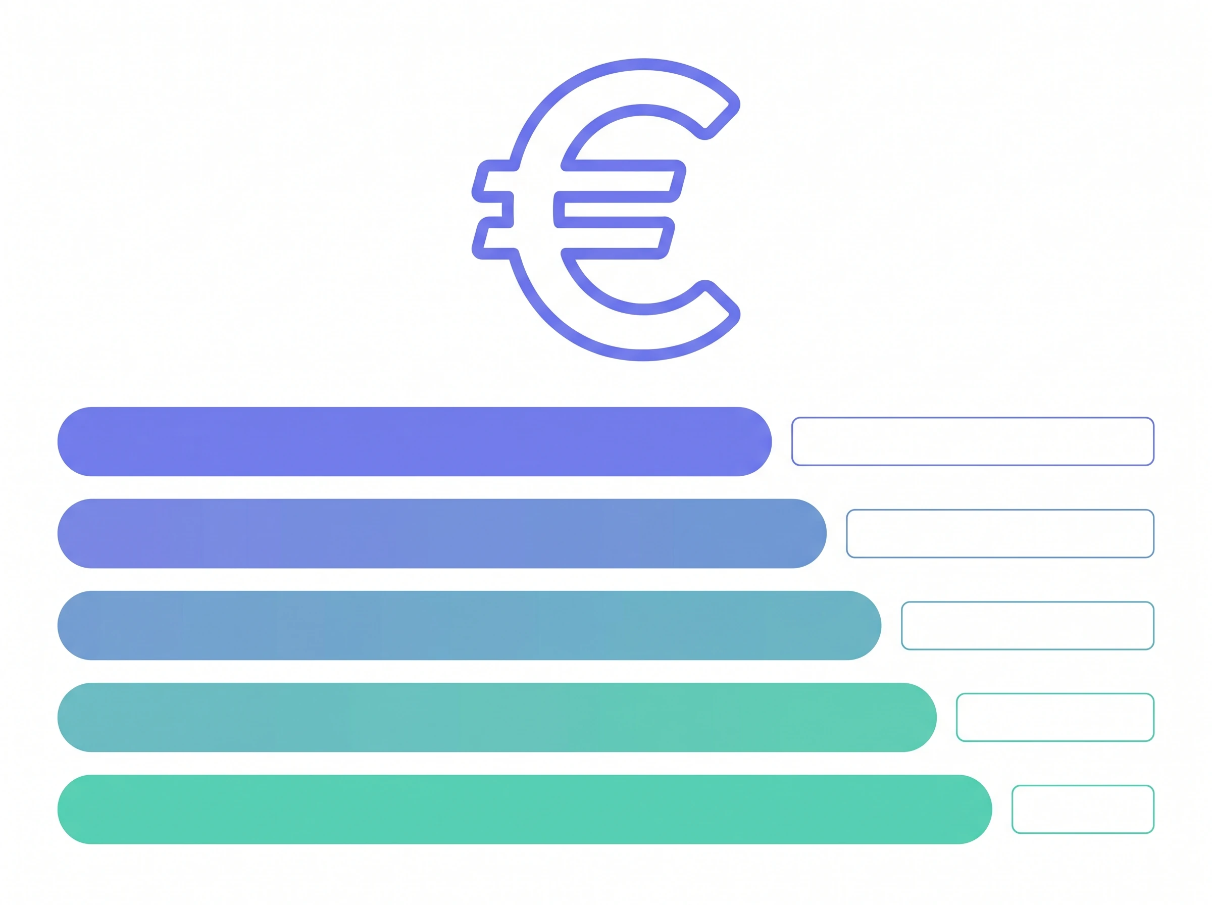 Five stacked horizontal bars of increasing length on a white background under an outline euro glyph, with no numerals.