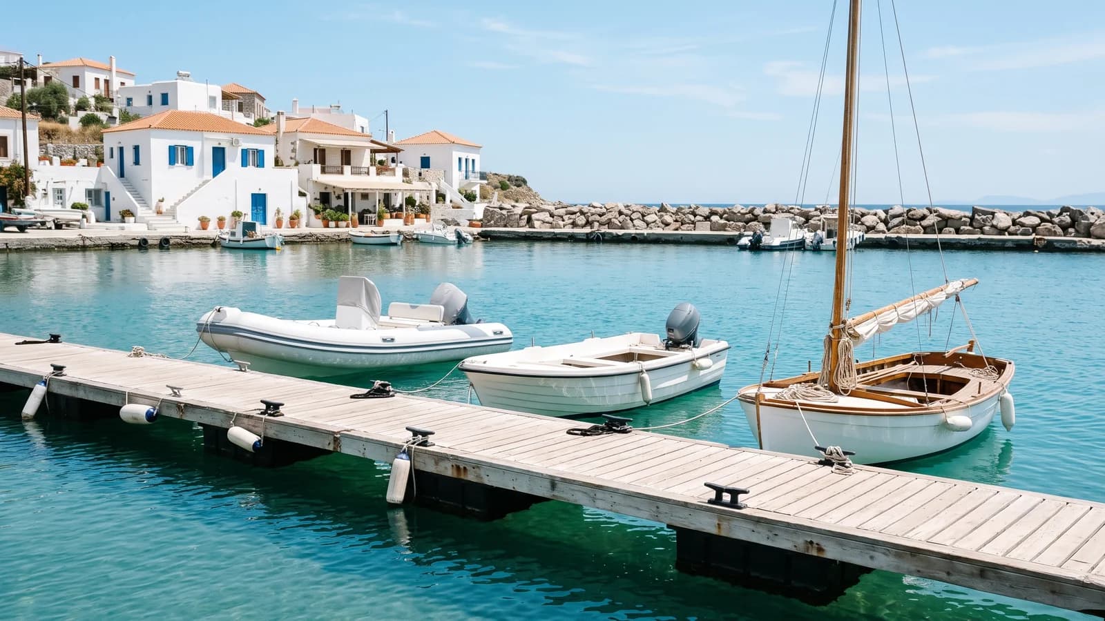 A RIB, a small open day boat and a sailing dinghy moored at a wooden pontoon in a Mediterranean harbour