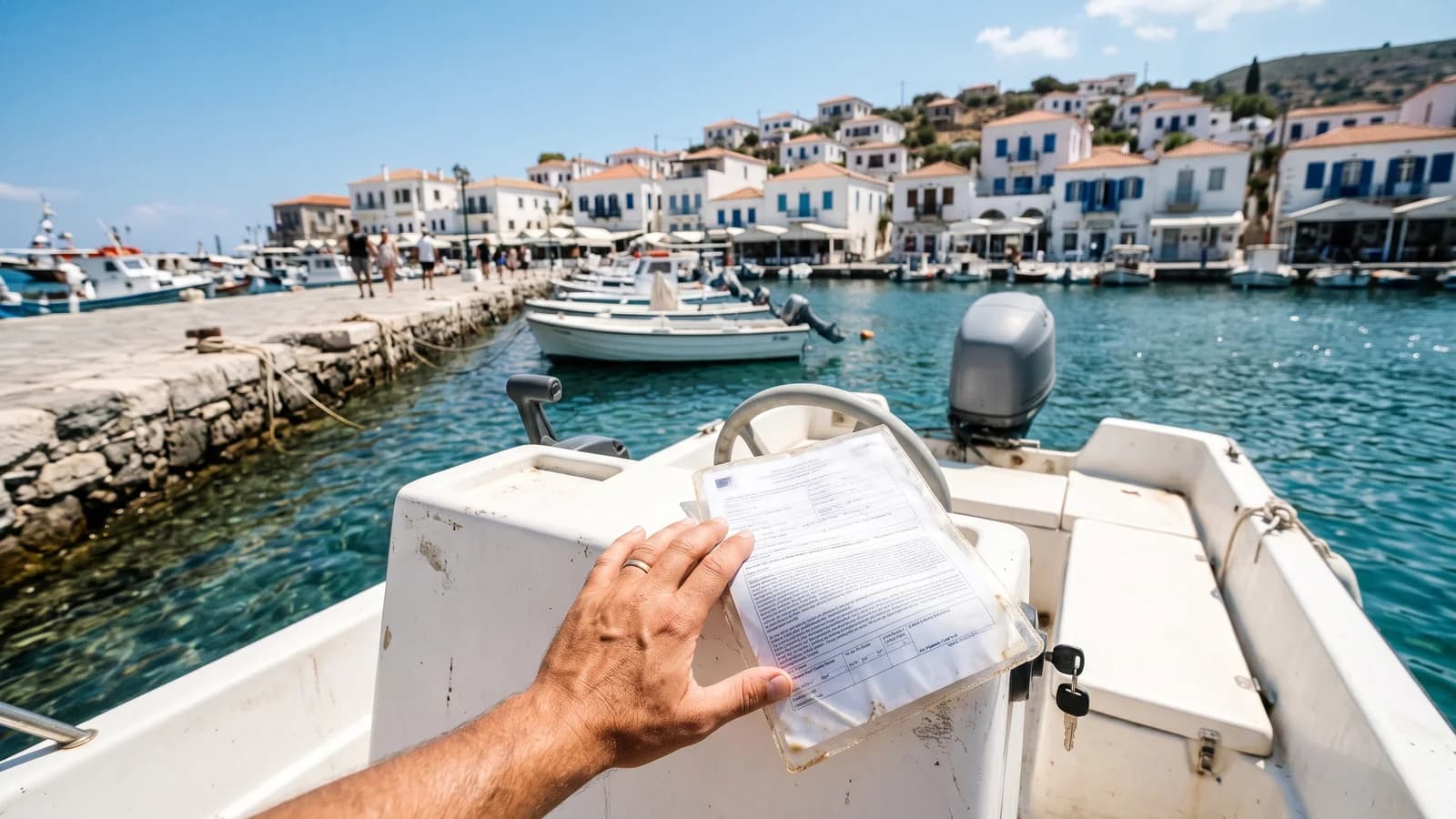 Small white motorboat moored at a Greek island harbour quay, with a hand holding a boat insurance certificate in a plastic sleeve