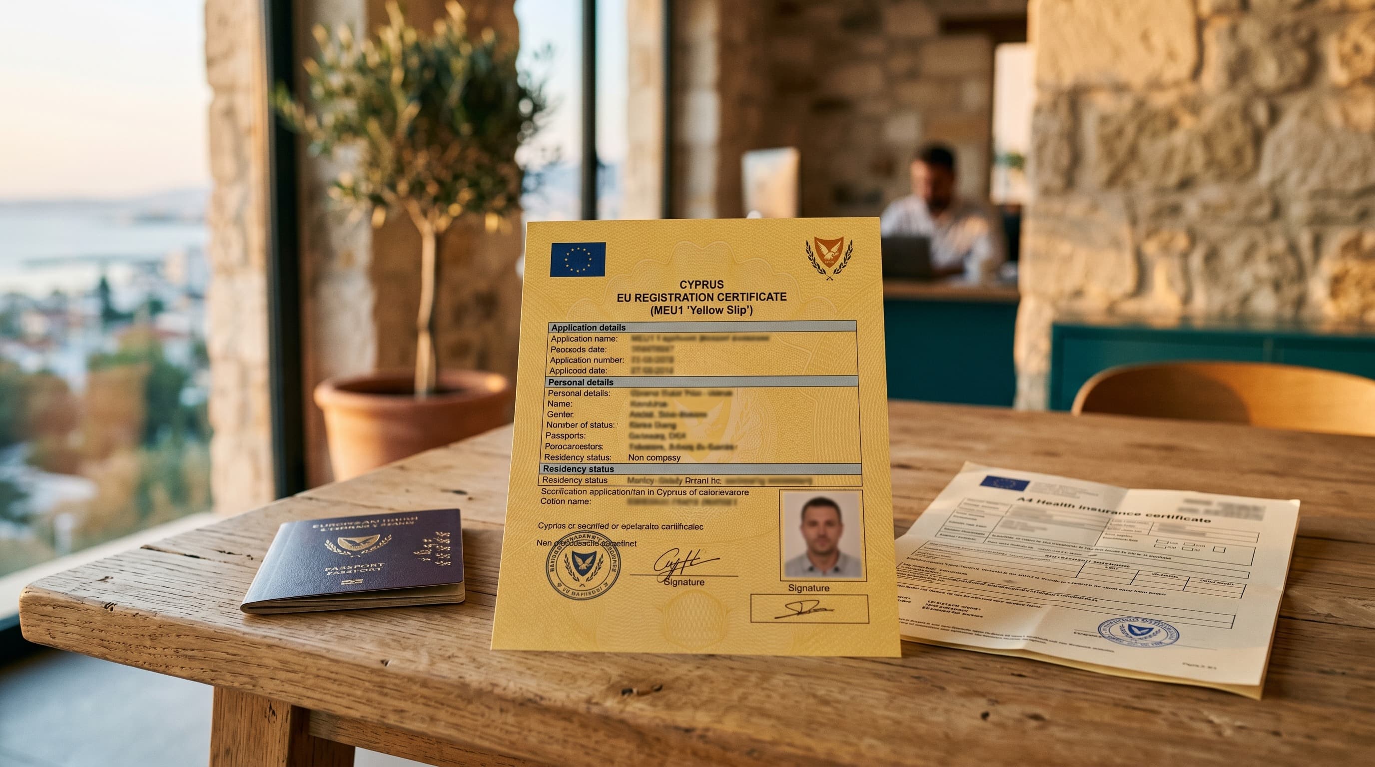 Yellow Slip insurance in Cyprus, MEU1 registration certificate on a desk